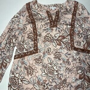 J Jill Floral Long Sleeve V Neck Bohemian Peasant Light Pink Blouse Medium Boho